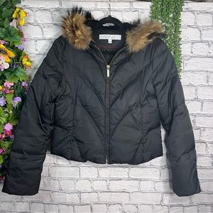 -Laundry By Shelli Segal Black Zip Up Genuine Fur Trim Hood Puffer Jacket Large